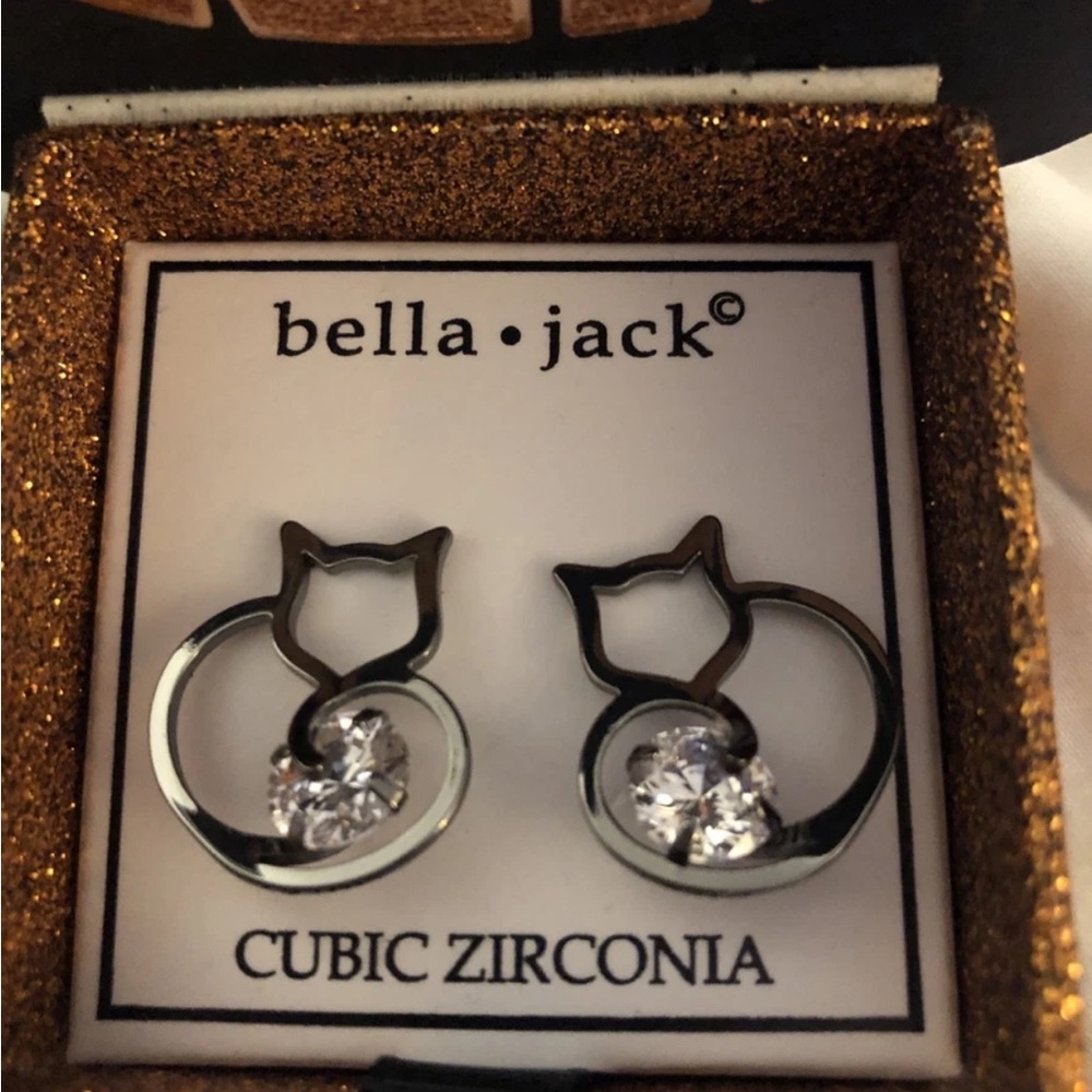 Bella & Jack Silver Tone Open Frame Cat Stud Earrings Cubic Zirconia Accent NIB